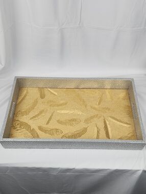 Decorative Gold Feather Vanity Tray with Silver Frame